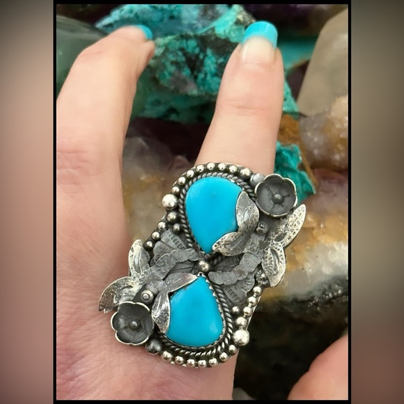 Sleeping beauty turquoise dragonfly statement sterling silver ring - Picture 8 of 15